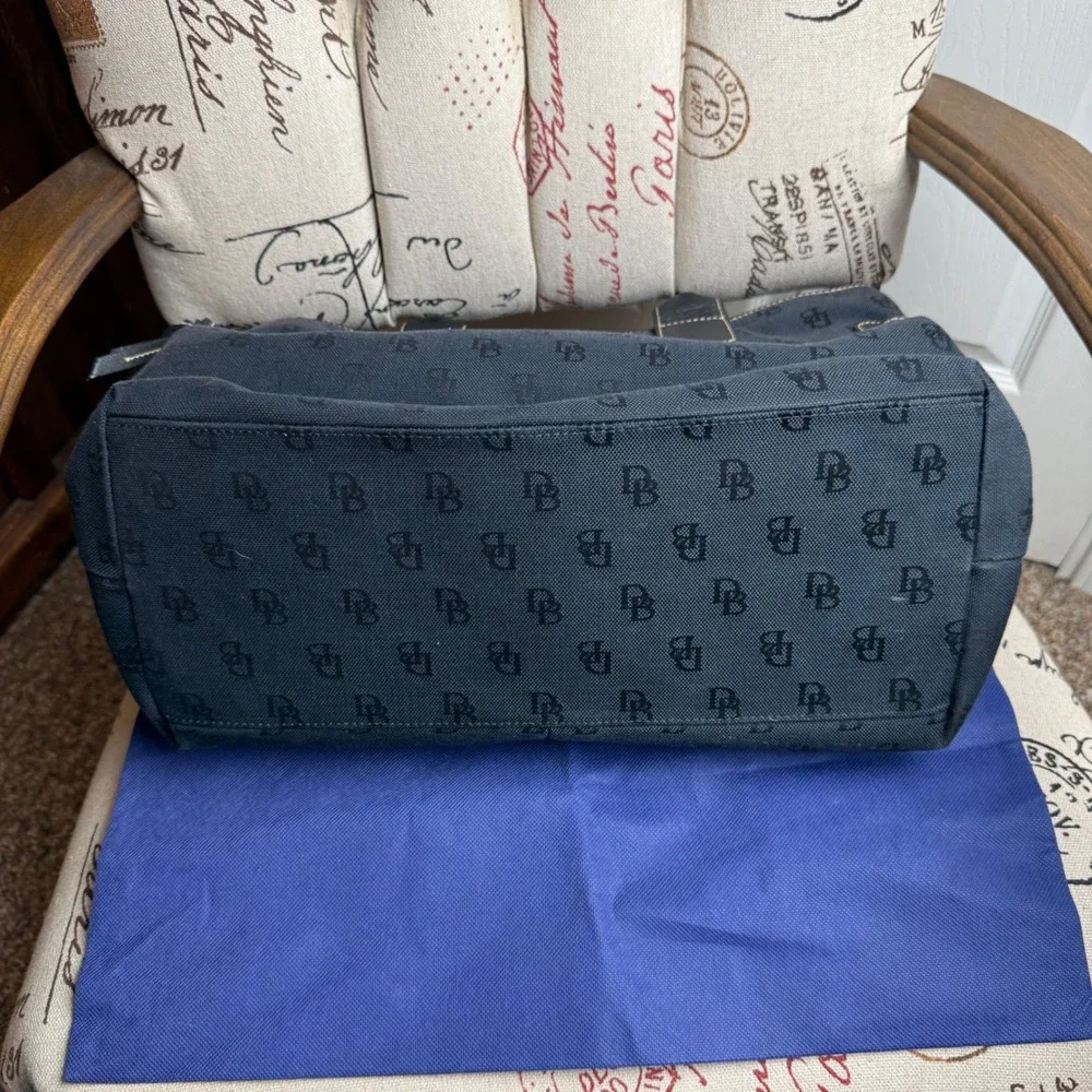 Dooney & Bourke Signature Monogram Canvas Tote Bag Black Leather Trim Pocket